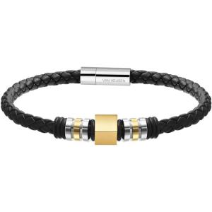 Van Heusen Men Braid Leather Bracelet with Stainless Steel Ornaments(Gold)