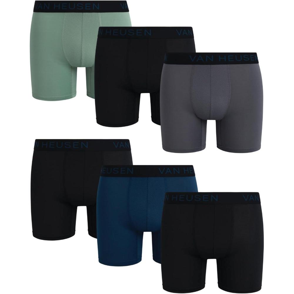 imageVan Heusen Mens Boxer Briefs 6 Pack 6 Inseam Soft Stretch Mens Underwear Boxer Briefs with Contour PouchBlackGreen BayBlackMoonlit OceanMedium GreyBlack