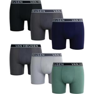 Van Heusen Mens Boxer Briefs – 6 Pack 6” Inseam Soft Stretch Mens Underwear Boxer Briefs with Contour Pouch(Black/Blackened Pearl/Dark Forest/Shark Skin/Evening Blue)