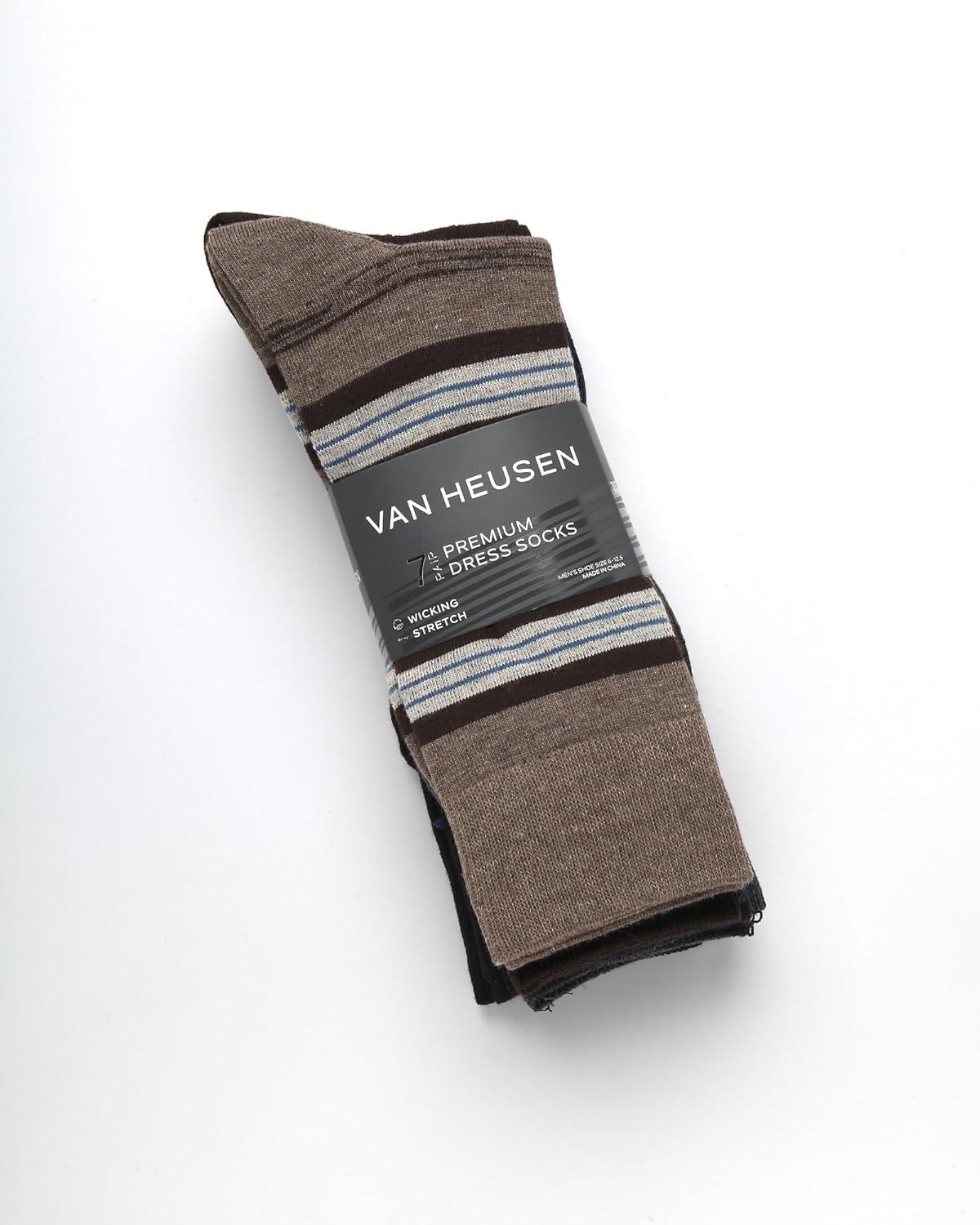 imageVan Heusen Mens Dress Socks 7 Pack Soft Stretch Moisture Wicking Crew Socks for Men for Casual Business Formal WearTan Stripe