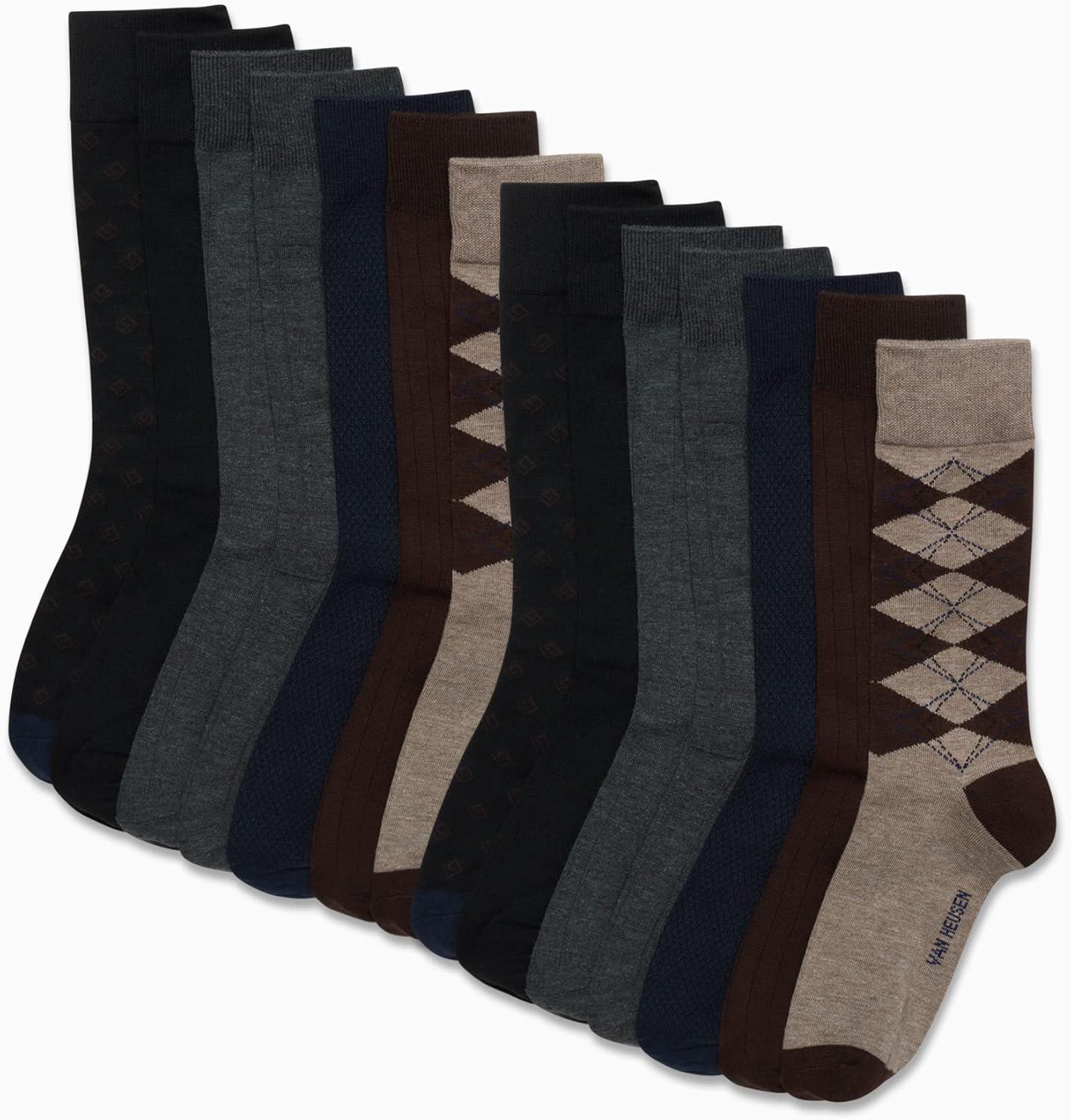 imageVan Heusen Mens Dress Socks 14 Pack Soft Stretch Moisture Wicking Crew Socks for Men for Everyday Office Work WearBrown Heather