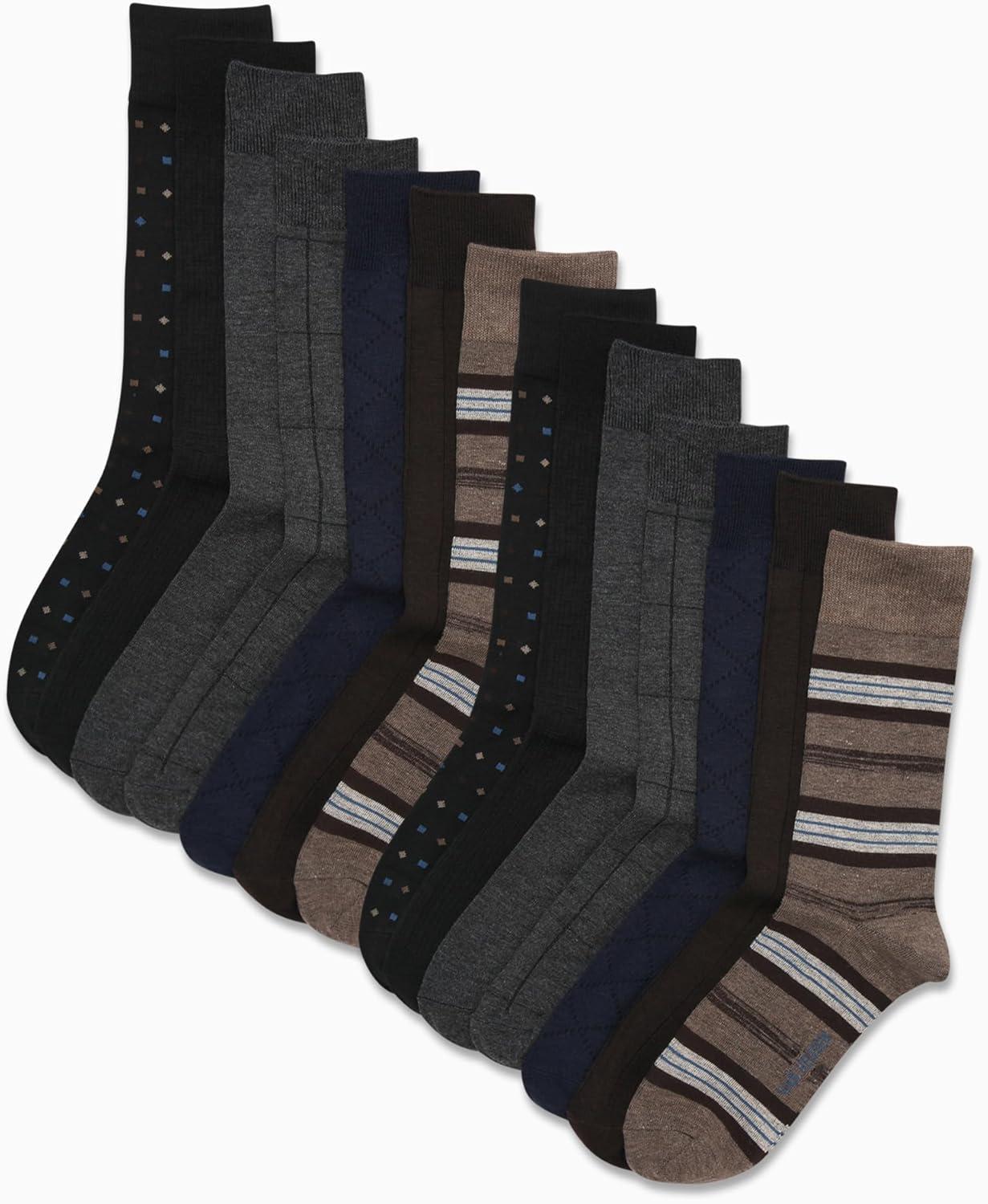 imageVan Heusen Mens Dress Socks 14 Pack Soft Stretch Moisture Wicking Crew Socks for Men for Everyday Office Work WearTan Stripe