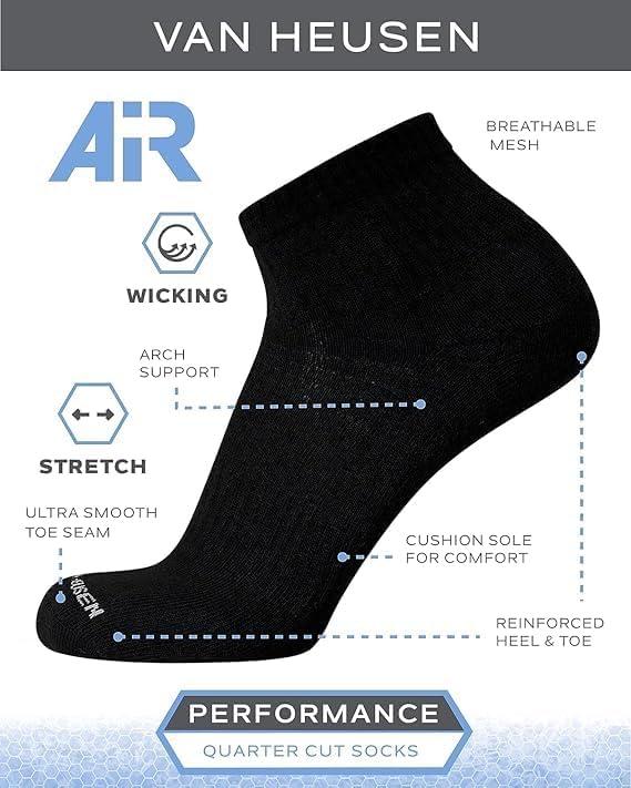 imageVan Heusen Mens Quarter Socks 12 Pack Soft Stretch Moisture Wicking Cushioned Athletic Ankle Socks for MenSolid Black