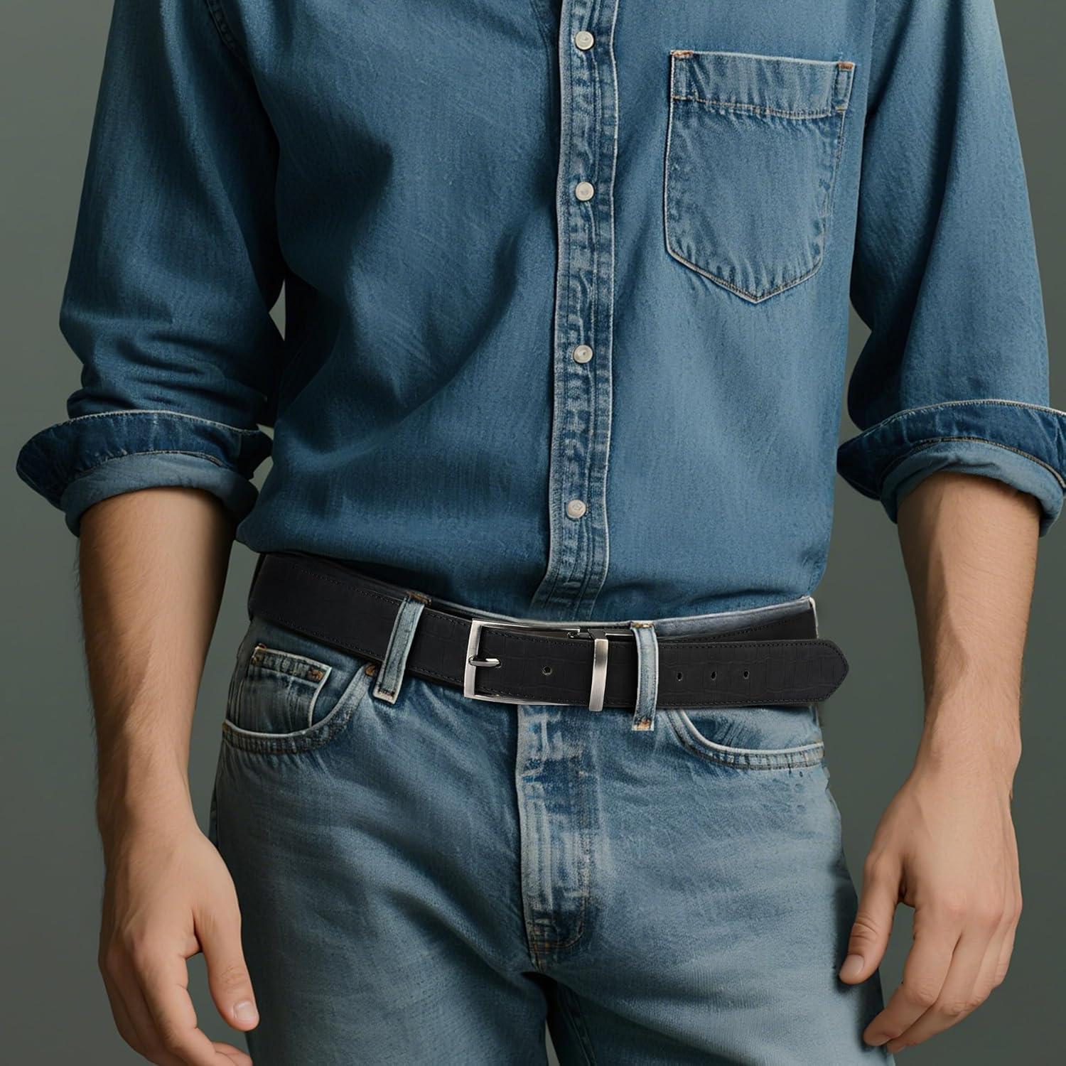 imageVan Heusen Mens Reversible Leather Belt with 2 Textures Stylish Black Brown Dress Belt for Casual or Jeans Cut for Fit