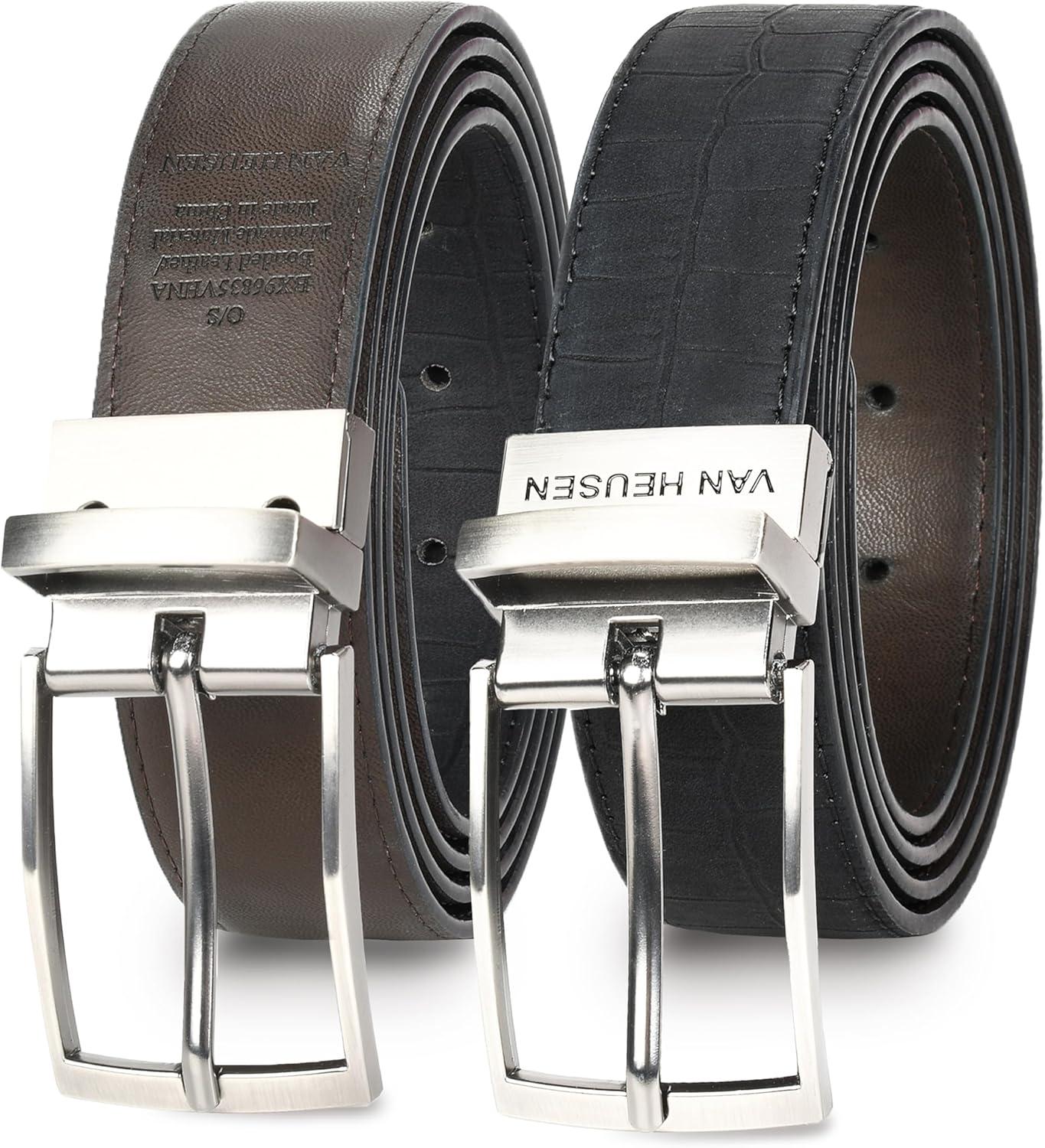 imageVan Heusen Mens Reversible Leather Belt with 2 Textures Stylish Black Brown Dress Belt for Casual or Jeans Cut for Fit