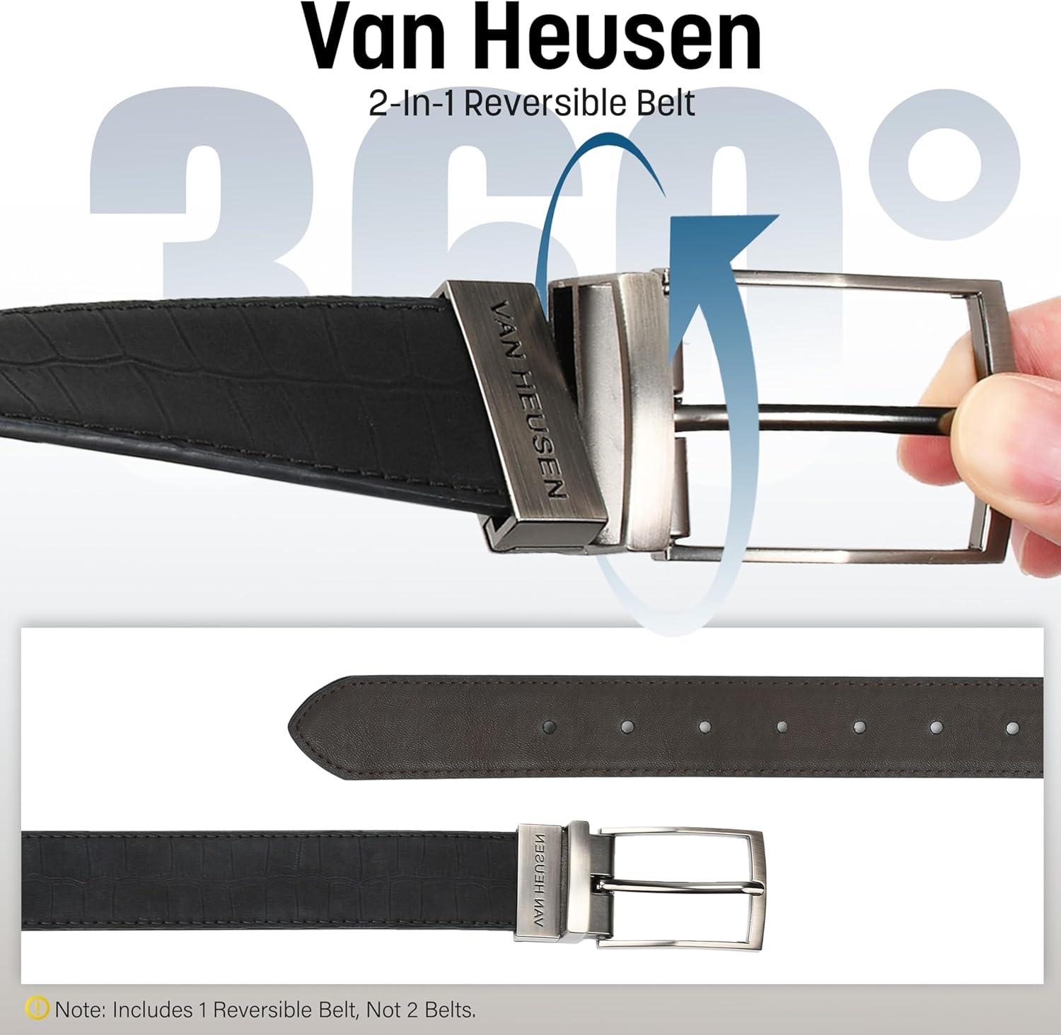 imageVan Heusen Mens Reversible Leather Belt with 2 Textures Stylish Black Brown Dress Belt for Casual or Jeans Cut for Fit
