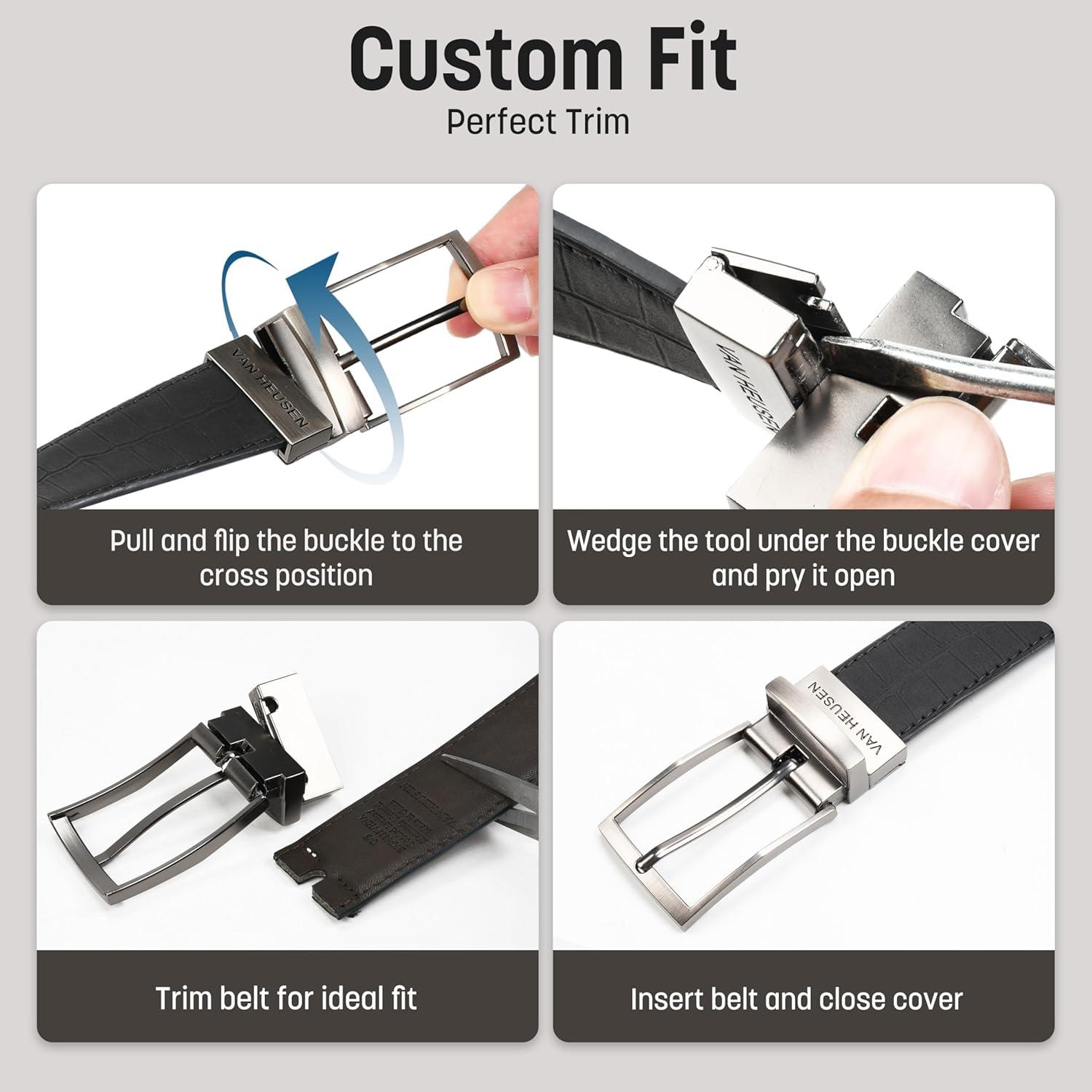 imageVan Heusen Mens Reversible Leather Belt with 2 Textures Stylish Black Brown Dress Belt for Casual or Jeans Cut for Fit