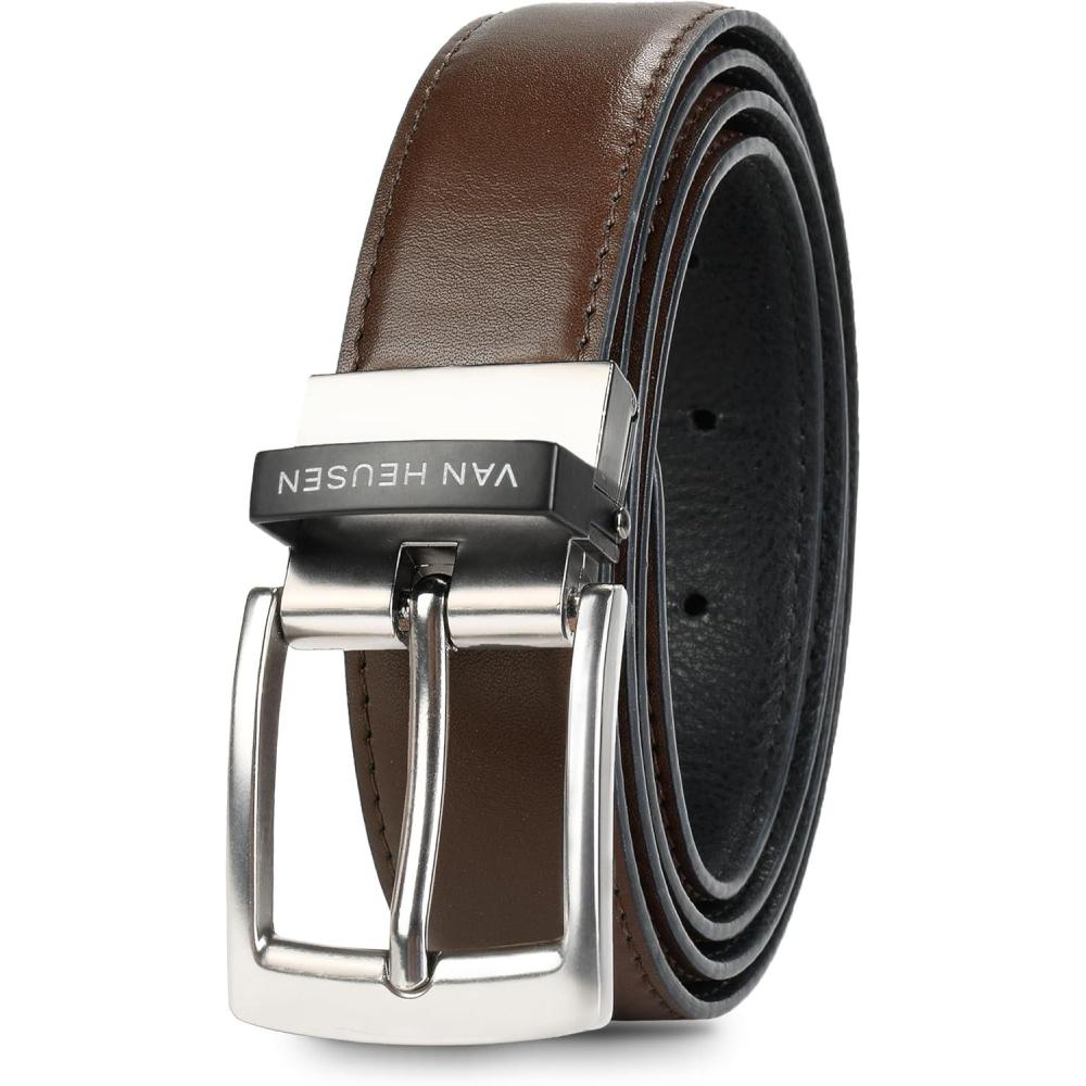 imageVan Heusen Mens Reversible Leather Belt Black Brown Dress Belt Cut for FitBrown Black