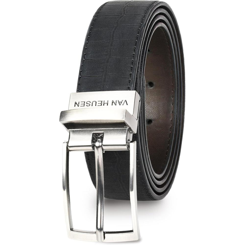 imageVan Heusen Mens Reversible Leather Belt with 2 Textures Stylish Black Brown Dress Belt for Casual or Jeans Cut for Fit