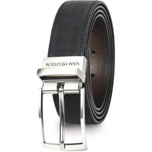 Van Heusen Mens Reversible Leather Belt with 2 Textures, Stylish Black Brown Dress Belt for Casual or Jeans, Cut for Fit